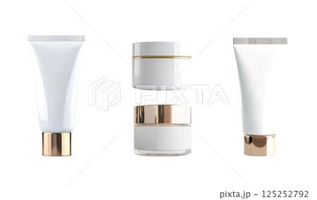 Cosmetic tubes and jars showing skin care products 125252792