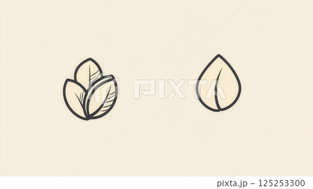 A minimalist design showcases an abstract line art representation of an almond and a walnut, emphasizing simplicity and elegance in nut branding. 125253300