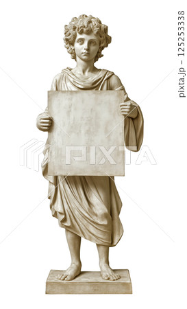 Antique statue of young boy holding blank message board 125253338