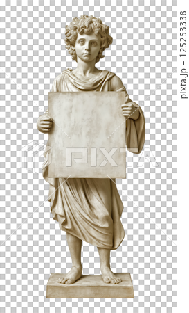 Antique statue of young boy holding blank message board 125253338