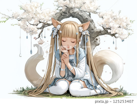 眠るキツネ娘、キツネの妖精のイラスト素材 125253407