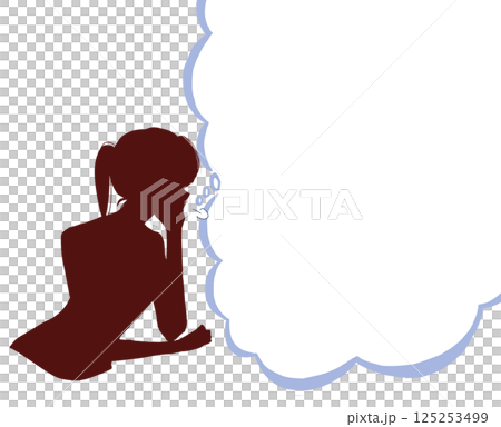 A woman deep in thought, sighing, silhouette, cloud-shaped speech bubble. A woman deep in thought, sighing, silhouette, cloud-shaped speech bubble. 125253499