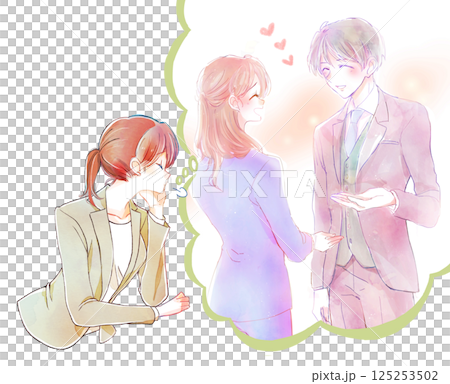 一位女職員在想像一對友善的辦公室情侶時嘆了口氣 一位女職員在想像一對友善的辦公室情侶時嘆了口氣 125253502