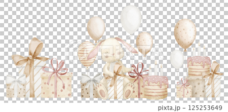 Watercolor illustration with cute Birthday Bunnies, balloons, gifts and cakes in soft pastel colors. Drawing of Rabbit and presents for baby shower greeting cards or newborn party invitations. Watercolor illustration with cute Birthday Bunnies, balloons, gifts and cakes in soft pastel colors. Drawing of Rabbit and presents for baby shower greeting cards or newborn party invitations. 125253649