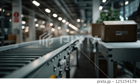 Grey Metal Conveyor Belt System in Industrial Warehouse Grey Metal Conveyor Belt System in Industrial Warehouse 125254179