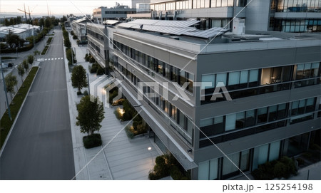 Modern Gray Building Complex at Dusk, High Angle View Modern Gray Building Complex at Dusk, High Angle View 125254198