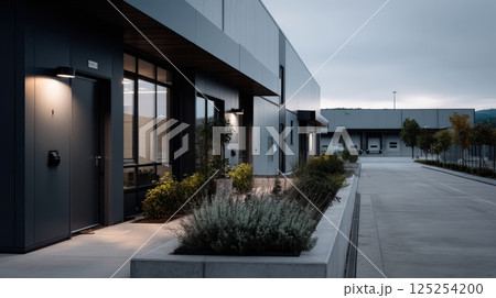 Modern Gray Building Exterior at Dusk 125254200