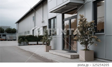 Modern Gray Building Exterior with Potted Plants Modern Gray Building Exterior with Potted Plants 125254205