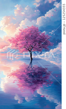 Serene scene with blooming tree in the middle of still lake under pastel-colored clouds. 125254355