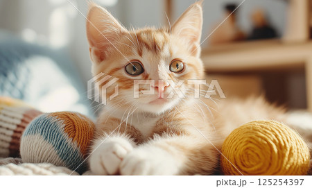 playful orange tabby kitten surrounded by colorful yarn balls, looking curious 125254397