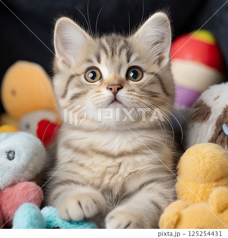playful kitten surrounded by colorful plush toys, looking curious and adorable 125254431
