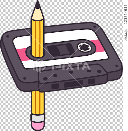 Cartoon retro cassette tape with pencil 125254635