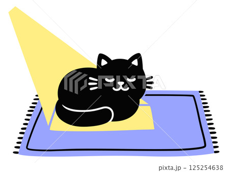 Cute cartoon black cat sleeping in ray of sunlight 125254638