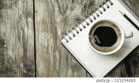 coffee and notepad on wooden table 125254883