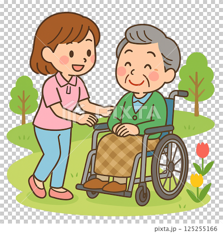車いすの高齢者と介助する介護士の女性（背景透過） 125255166