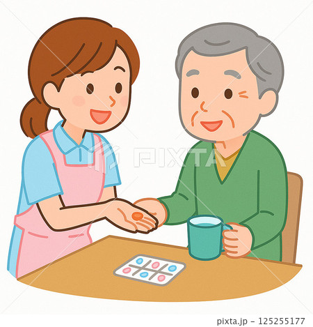 服薬管理をする介護士の女性と高齢者 125255177