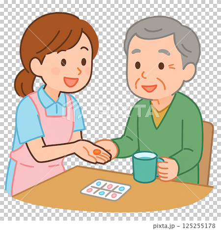 A female caregiver managing medication and an elderly person (transparent background) 125255178