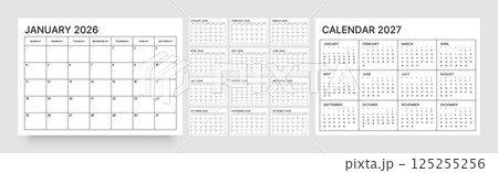 Monthly calendar layout for 2026. Planner diary. 125255256