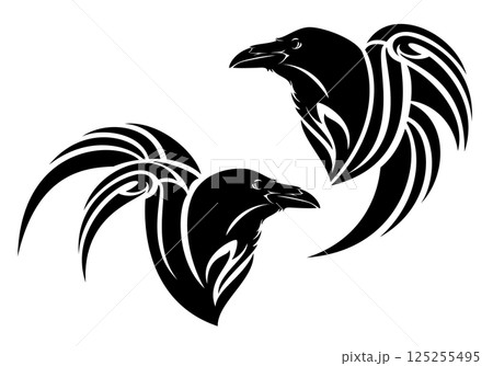 raven bird profile head and stylized wing black and white vector design set 125255495