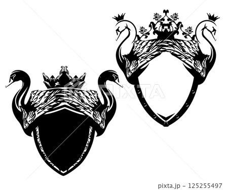 black and white vector heraldry with blank shield, crown and two swan birds 125255497