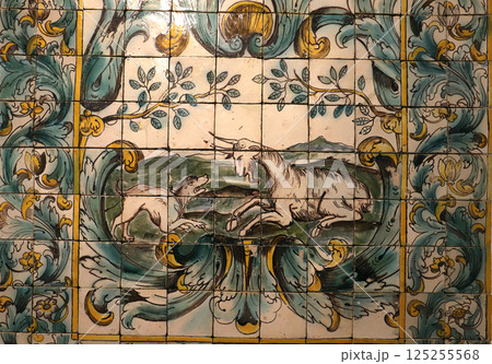Ceramic azulejos on a wall in Lisbon, Portugal 125255568