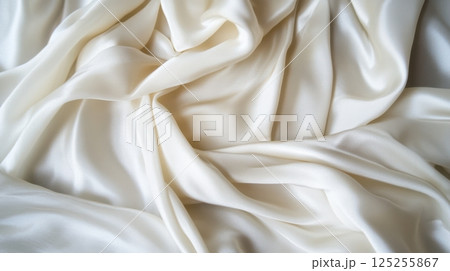 Minimal white satin drape with natural folds and highlights, abstract high-detail fabric background with soft shadows and modern clean aesthetic for elegant product display 125255867