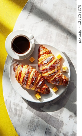 Close-up French breakfast scene with golden croissants and black coffee on a cafe table with linen in morning sunlight, macro food shot with cozy atmosphere 125255879