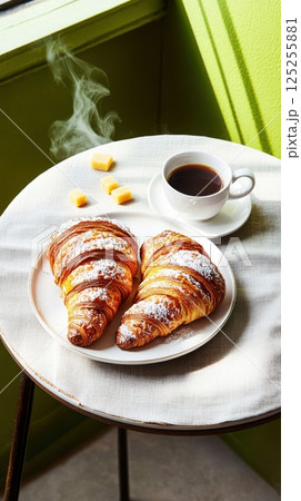 Close-up French breakfast scene with golden croissants and black coffee on a cafe table with linen in morning sunlight, macro food shot with cozy atmosphere 125255881
