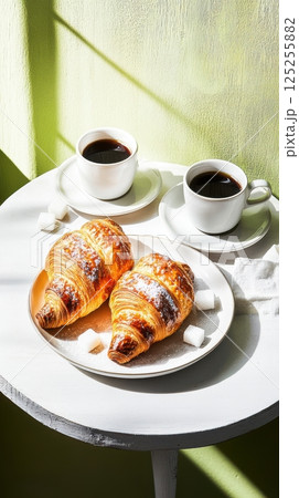 Close-up French breakfast scene with golden croissants and black coffee on a cafe table with linen in morning sunlight, macro food shot with cozy atmosphere Close-up French breakfast scene with golden croissants and black coffee on a cafe table with linen in morning sunlight, macro food shot with cozy atmosphere 125255882