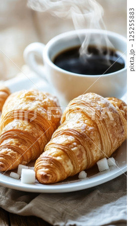Close-up French breakfast scene with golden croissants and black coffee on a cafe table with linen in morning sunlight, macro food shot with cozy atmosphere Close-up French breakfast scene with golden croissants and black coffee on a cafe table with linen in morning sunlight, macro food shot with cozy atmosphere 125255883