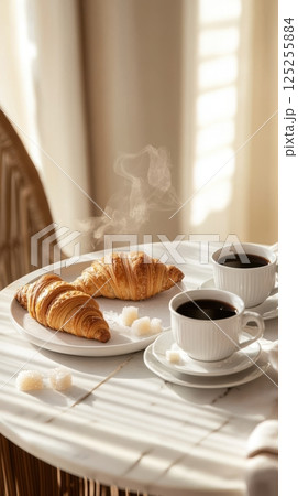 Close-up French breakfast scene with golden croissants and black coffee on a cafe table with linen in morning sunlight, macro food shot with cozy atmosphere Close-up French breakfast scene with golden croissants and black coffee on a cafe table with linen in morning sunlight, macro food shot with cozy atmosphere 125255884