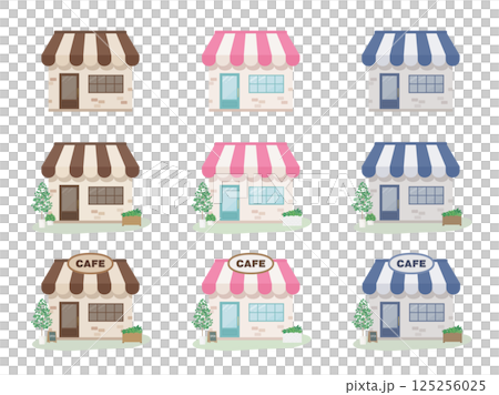 カフェの店舗の外観のイラスト素材セット カフェの店舗の外観のイラスト素材セット 125256025