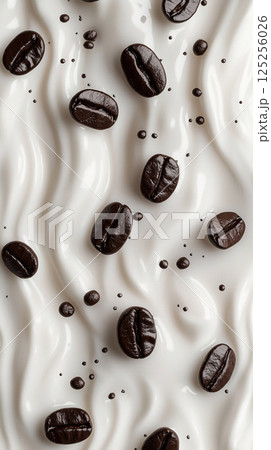 Coffee beans and coffee drops swimming in a silky, creamy white liquid creating a visual. 125256026