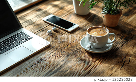 Laptop, coffee, and phone on a wooden desk, creating a cozy workspace scene. 125256028