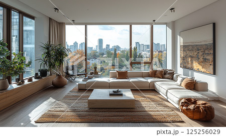 Beautiful, modern living room with a large window overlooking the city. 125256029