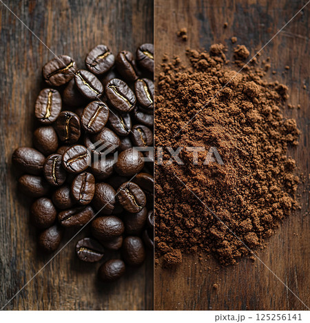 Roasted coffee beans and ground coffee on a wooden surface create a delicious morning scene. 125256141