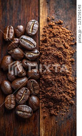 Aromatic roasted coffee beans and grounds displayed beautifully on a rustic wooden board. 125256148