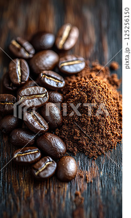 Freshly roasted coffee beans and ground coffee, perfect for brewing a morning beverage. 125256150