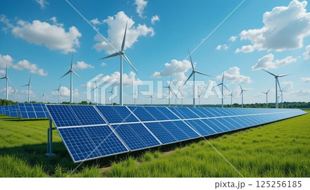 Solar Panels and Wind Turbines in Green Field Under Blue Sky | Clean Renewable Energy. 125256185