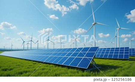 Solar Panels and Wind Turbines in Green Field Under Blue Sky | Clean Renewable Energy. 125256186