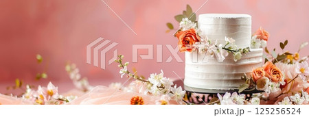 horizontal banner, white two-tiered wedding cake decorated with delicate white pink rose flowers, bright pink background, minimalism, copy space, free space for text 125256524
