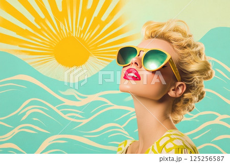 Glamorous blonde enjoying the summer sun in a retro collage setting with stylish sunglasses 125256587