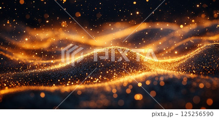 Elegant abstract background with golden dust particles and smooth lines on dark backdrop Elegant abstract background with golden dust particles and smooth lines on dark backdrop 125256590