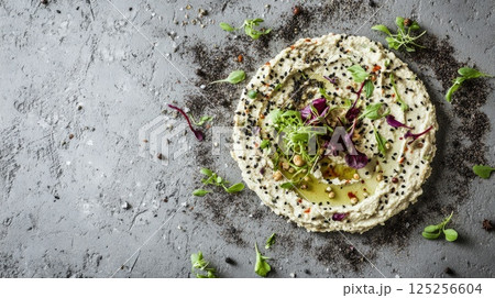 Delicious plant-based protein spread with hummus, falafel, and tahini on a rustic concrete slab 125256604