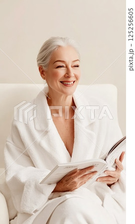 Senior woman enjoys relaxing moment reading wellness magazine in spa interior with natural light Senior woman enjoys relaxing moment reading wellness magazine in spa interior with natural light 125256605