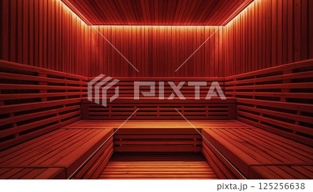 Cozy warm wooden sauna interior with infrared lamps, red healing lighting, light therapy 125256638