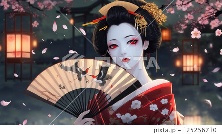 A captivating digital artistic portrait of a Japanese woman with striking traditional white makeup, red highlights, and an intricate hairstyle adorned with ornaments. 125256710