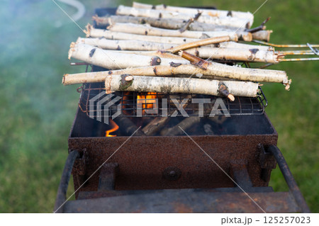Thin birch twigs are lying on the grill. Thin firewood is lying on the grill 125257023