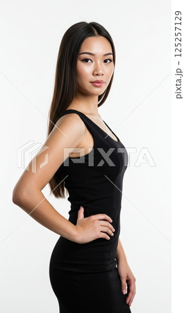 A young woman with long brown hair wearing a black dress poses elegantly on a white background 125257129