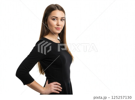 A young woman with long brown hair wearing a black dress poses elegantly with her hand on her hip 125257130